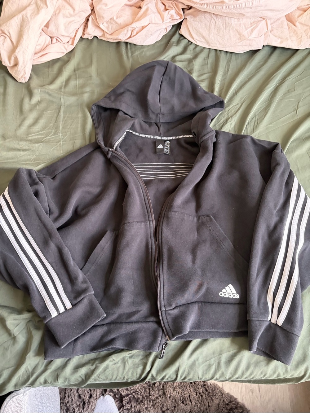 Adidas womens Black cropped Hoodie Zip Jacket with Signature Stripes